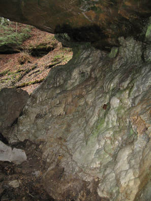 Travertine-like mineral deposits below waterfall, Shades State Park.