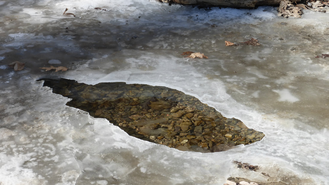 Ice over flowing stream, Starved Rock State Park in winter
